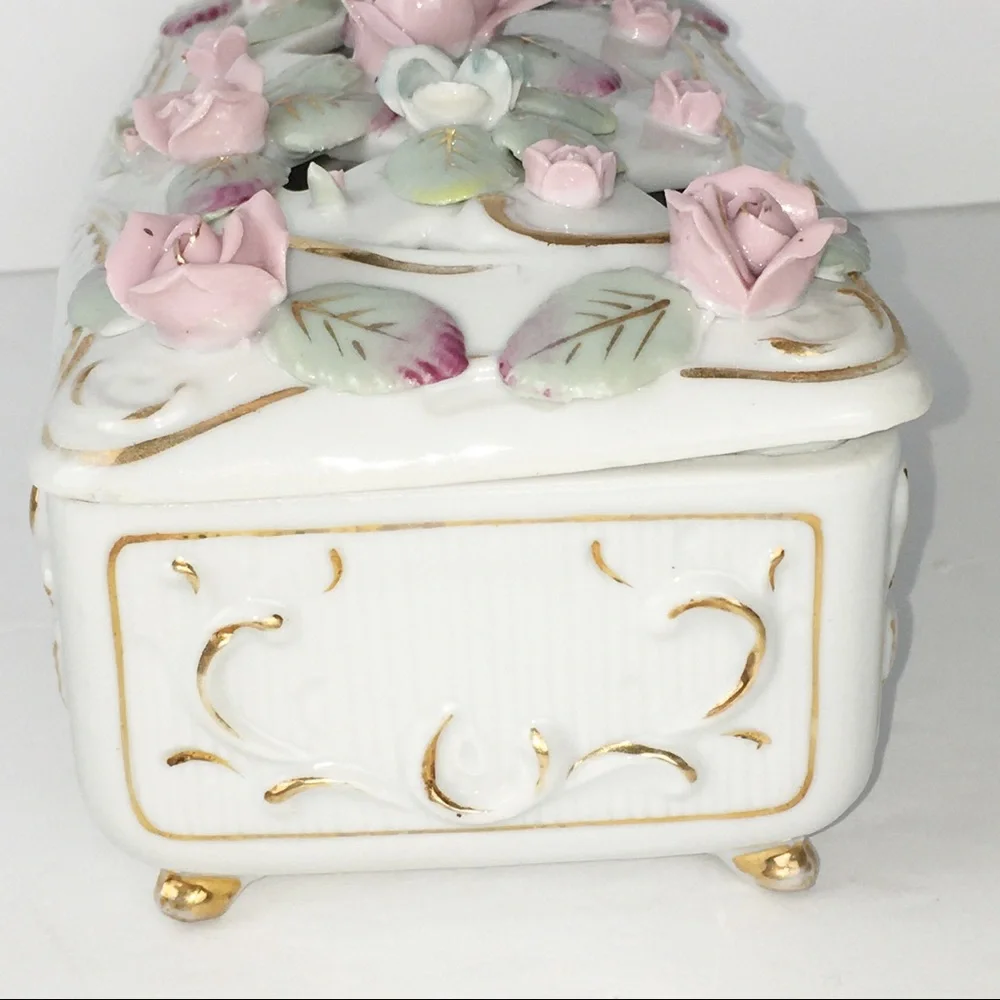 White Porcelain Jewelry Box with Pink Floral Design Delicate Rectangular Beauty
